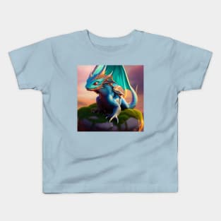 Cyan, Blue, and Gold Winged Baby Dragon Kids T-Shirt